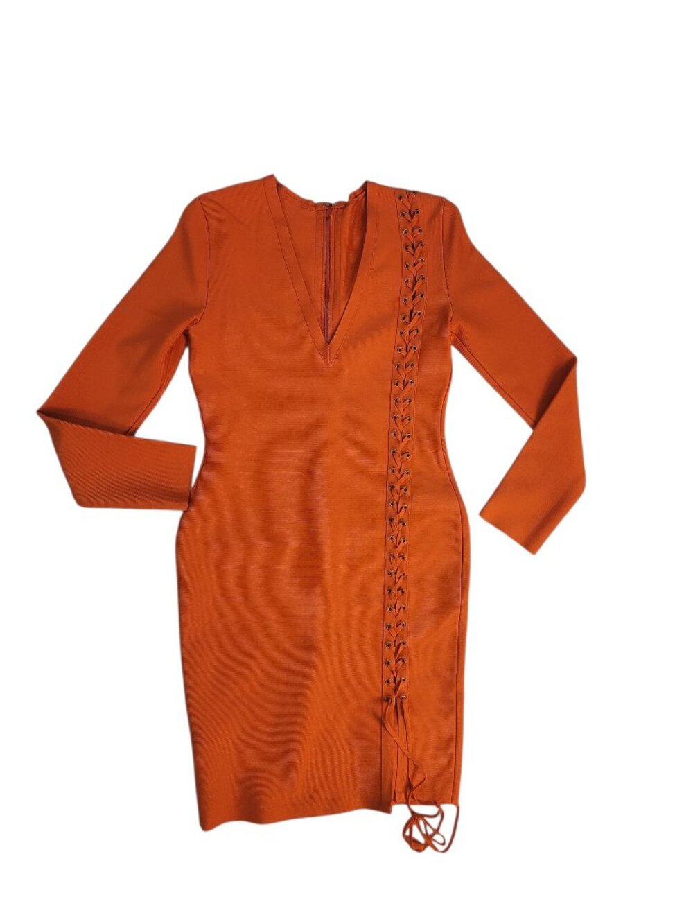Bandage Midi Orange Dress Size M Long Sleeve Stretch String Up V-Neck